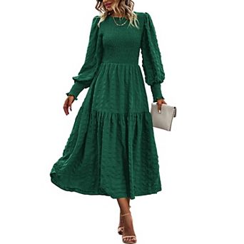 Womens Spring Puff Long Sleeve Crewneck Smocked Empire Waist Tiered Maxi Dress