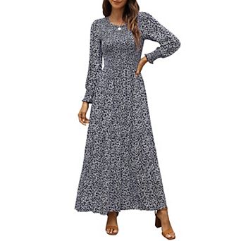 Womens Spring Long Sleeve Boho Smocked A line Maxi Wedding Guest Dress