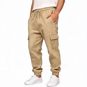 Men's Jacquard Checkered Jogger Pants Multi Pocket Casual