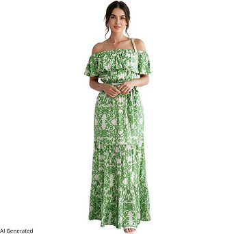 Women's Off Shoulder Boho Floral Print Ruffle Strapless Elastic Waist Maxi Dress