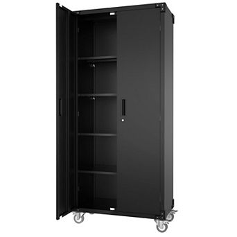 72" Black Metal Storage Cabinet Lockable Rolling Design with Adjustable Shelves