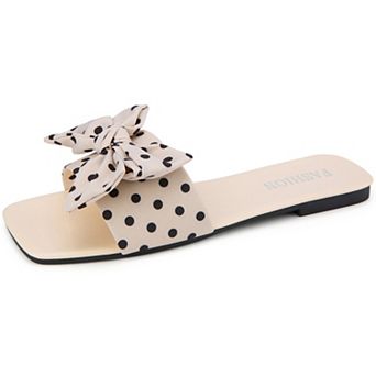 Women's Polka Dot Bow Decorated Square Toe Flat Slides