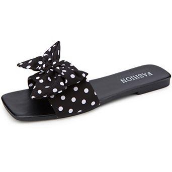 Women's Polka Dot Bow Decorated Square Toe Flat Slides