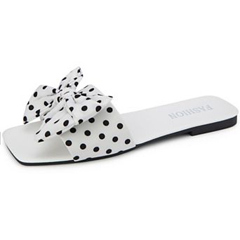 Women's Polka Dot Bow Decorated Square Toe Flat Slides