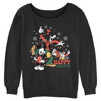 Juniors' Disney's Mickey Mouse, Goofy & Donald Duck Happy Holidays Graphic Pullover