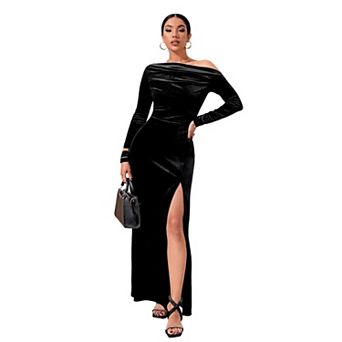 Women's Off Shoulder Long Sleeve Waist Fitted High Slit Maxi Evening Gown