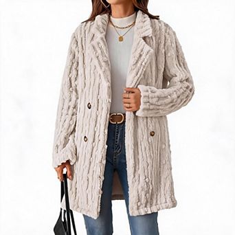 Women Long Textured Fleece Coat Lapel Double Breasted Warm Outerwear
