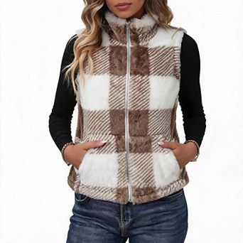 Women Plaid Fleece Sleeveless Vest Stand Collar Zip‑Front Gilet with Side Pockets