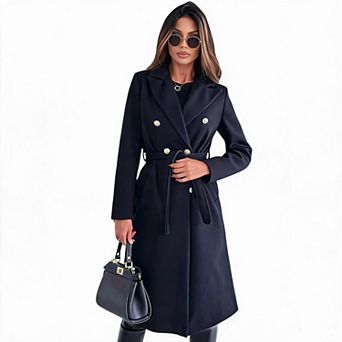 Women Double‑Breasted Wool‑Blend Coat Lapel Long Outerwear with Matching Waist Belt