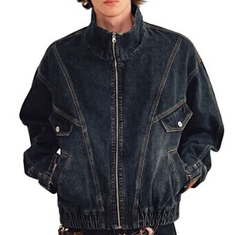 Men’s Stand‑Collared Zip‑Up Denim Bomber Jacket, Elastic Hem Loose‑Fit Street Outer Coat