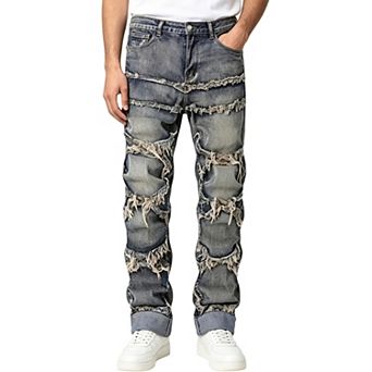 Men’s Straight‑Fit Distressed Jeans,Layered Fringe Patchwork Denim Pants For Hip‑Hop Style