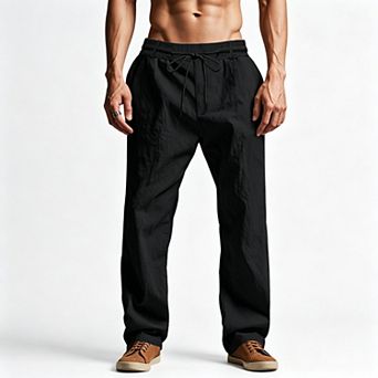 Men's Linen Casual Pants Loose Fit Drawstring Beach Sports Trousers