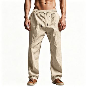 Men's Linen Casual Pants Loose Fit Drawstring Beach Sports Trousers