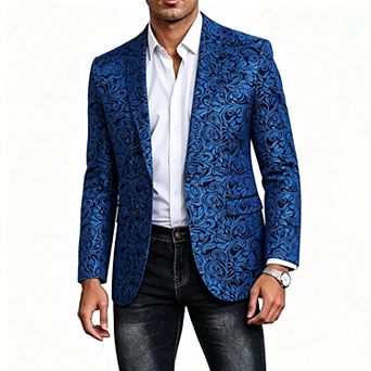 Mens Velvet Blazer Shawl Collar Metallic Foil Print Party Suit Jacket