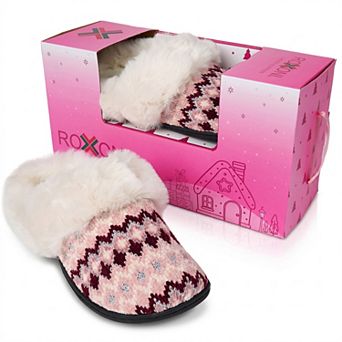 Roxoni Women’s Faux Fur Collar Isle Knit Clog Slippers with Gift Box for Christmas and Holiday Gifts