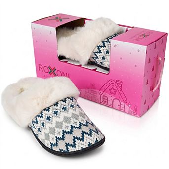 Roxoni Women’s Faux Fur Collar Isle Knit Clog Slippers with Gift Box for Christmas and Holiday Gifts