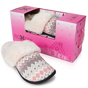 Roxoni Women’s Faux Fur Collar Isle Knit Clog Slippers with Gift Box for Christmas and Holiday Gifts