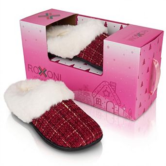 Roxoni Women’s Faux Fur Trimmed Plaid Clog Slippers with Gift Box for Christmas and Holiday Gifts
