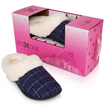 Roxoni Women’s Faux Fur Trimmed Plaid Clog Slippers with Gift Box for Christmas and Holiday Gifts