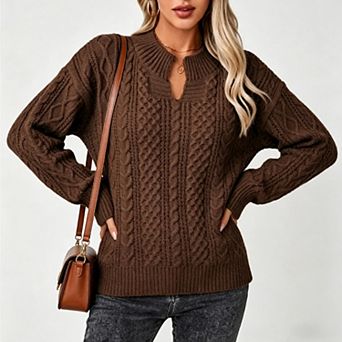 V-Neck Pullover Autumn and Winter Women's Loose Cable Knit Sweater