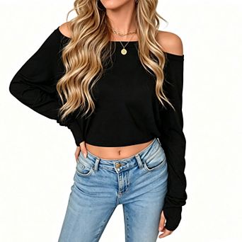 Womens Off the Shoulder Cropped Tops Batwing Long Sleeve Loose Fit Summer Boat Neck Workout t Shirts