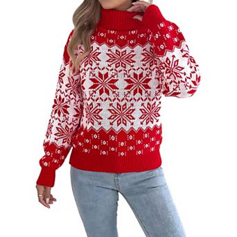 Women Christmas Snowflake Long Sleeve Turtleneck Sweater Cute Vintage Knit Pullover Outfits