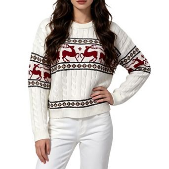 Women's Knitted Christmas Pattern Soft Comfy Crewneck Long Sleeve Pullover Striped Sweater