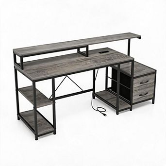 63 Inch Home Office Computer Desk with RGB LED Lights, Built-in Power Outlets & USB Ports