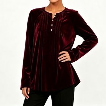 Women's Velvet Henley Tunic Top with Button Front, Pleated Detail and Long Sleeves