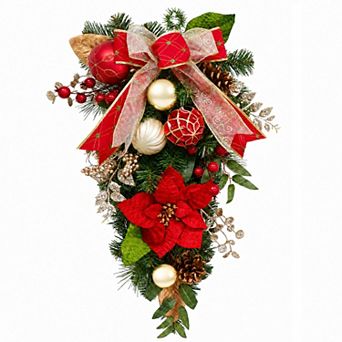 24" Pre-lit Artificial Christmas Teardrop Swag with Red and Gold Bow, Ball Ornaments and Flowers