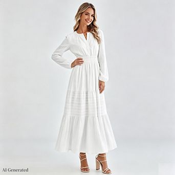 Women Cotton Long Sleeve Dress Elastic Waist Soft V Neck Tiered Casual Maxi Dress with Pockets