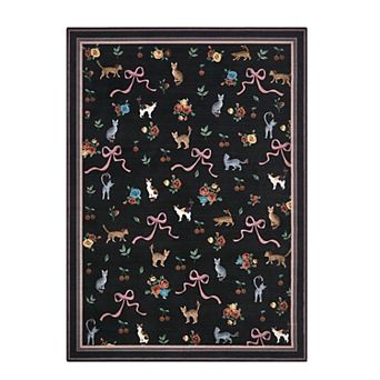 Cat Rug Machine Washable Area Rug Gothic Rugs Boho Floral Whimsical Rug for Living Room