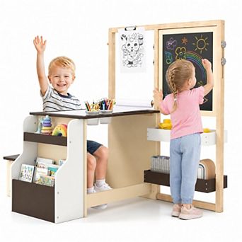 Costway Kids Art Easel & Table & Bench Set with Double-Sided Adjustable Easel, Blackboard