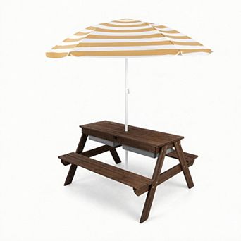 Costway 3-in-1 Kids Picnic Table Wooden Outdoor Sand & Water Table with Umbrella Play Boxes