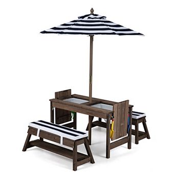 Costway Kids Picnic Table & Benches Set with Adjustable Umbrella, Removable Cushions, Boxes
