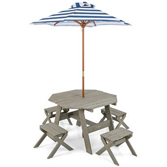 Costway Kids Wooden Table Set with Octagon Table 4 Stools & Removable Adjustable Umbrella