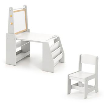 Costway Kids Art Table and Chair Set with Easel & Chair Whiteboard & Chalkboard Paper Roll