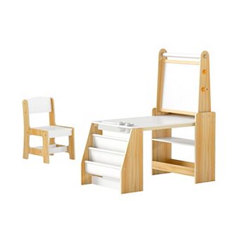 Costway Kids Art Table and Chair Set with Easel & Chair Whiteboard & Chalkboard Paper Roll