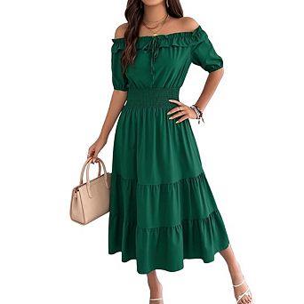 Women's Off The Shoulder Short Sleeve Ruffle Trim Smocked Waist Tiered Casual Cocktail Midi Dress