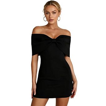 Women's Elegant Off Shoulder Bow Front Bodycon Mini Dress