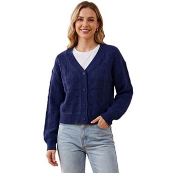 Women's V-Neck Button Down Long Sleeve Openwork Knit Cropped Cardigan