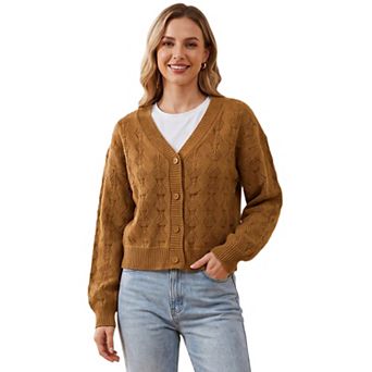 Women's V-Neck Button Down Long Sleeve Openwork Knit Cropped Cardigan
