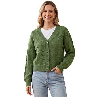 Women's V-Neck Button Down Long Sleeve Openwork Knit Cropped Cardigan