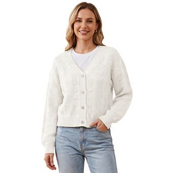 Women's V-Neck Button Down Long Sleeve Openwork Knit Cropped Cardigan
