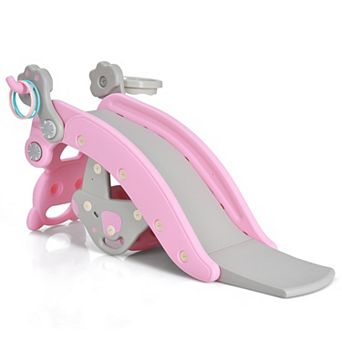 Costway Baby Rocking Horse Slide Set 4-in-1 Kids Swing Toys w/Basketball Hoop Ferrule