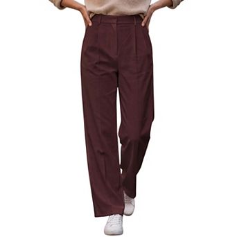 Women's High Waist Loop Zip Fly Pleated Flowy Business Straight Leg Long Pants with Pockets