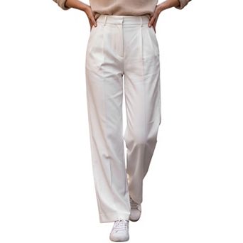 Women's High Waist Loop Zip Fly Pleated Flowy Business Straight Leg Long Pants with Pockets