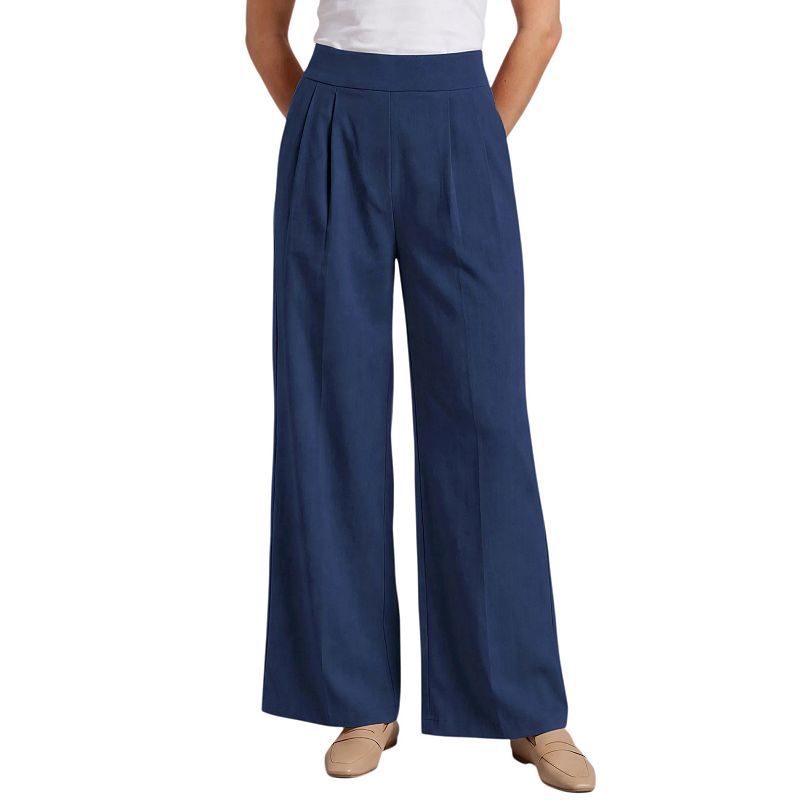 Women's Hight Waist Zip Fly Pleated Wide Leg Long Pants with Pockets