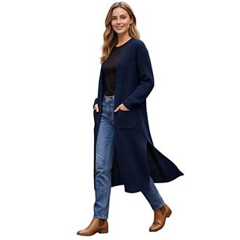 Women's Open Front Long Sleeve Slit Hem Knit Sweater Cardigan with Pockets