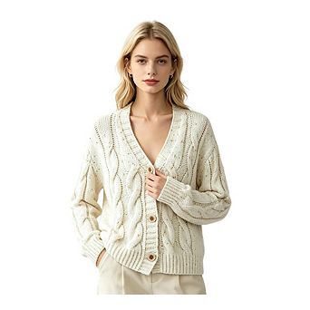 Women's Lightweight Chunky Knit Cardigan with Multicolored Speckles and Button Closure